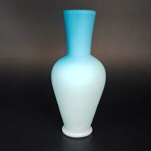 Fenton Blue White Cased Satin Glass Vase Frosted Ombre Art Glass Decor Vintage